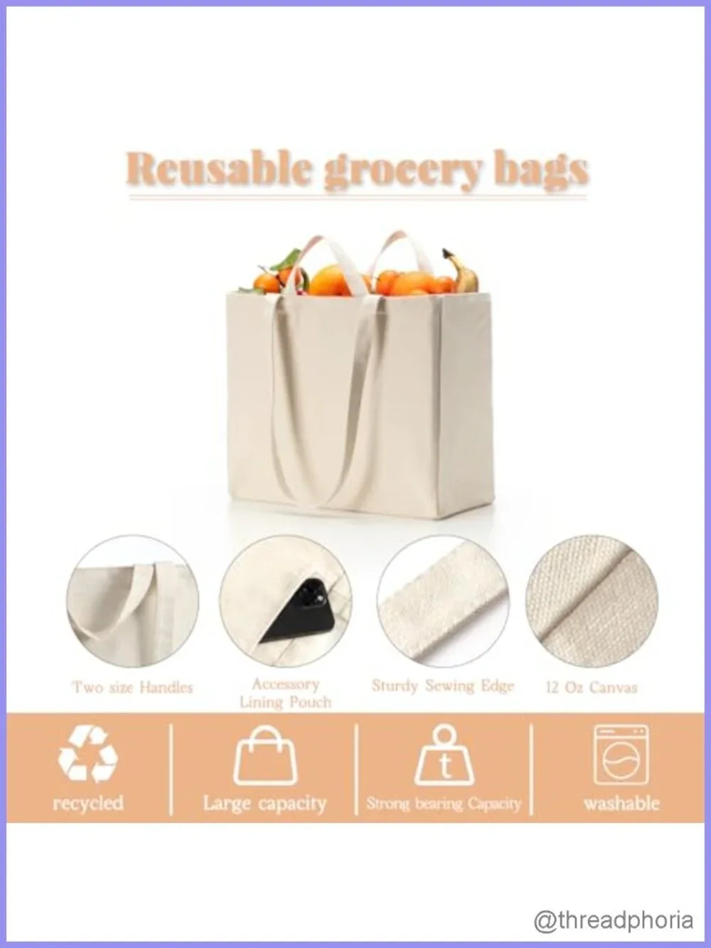 3 Pack 12oz Canvas Reusable Grocery Bags Heavy Duty Tote with Long Shoulder